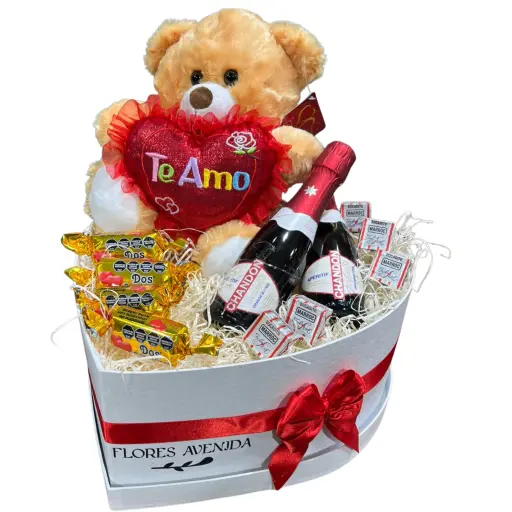 caja corazon white con peluche te amo chocolate y espumante 